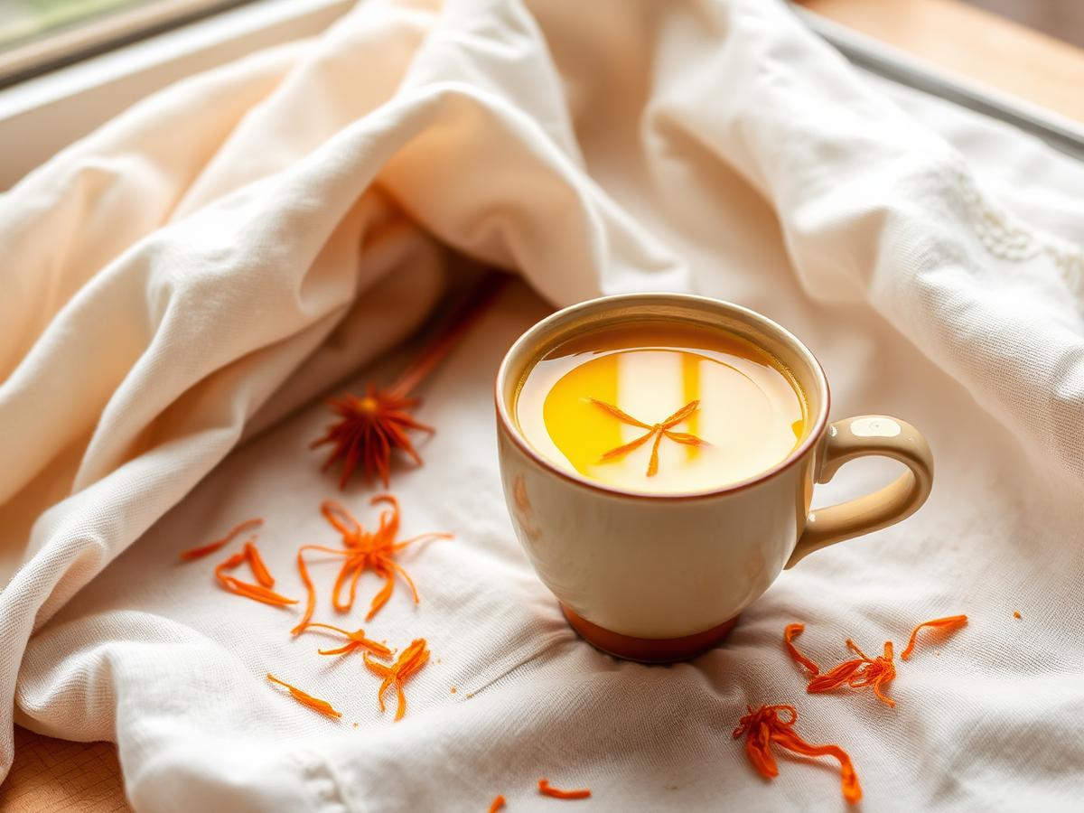 A cup of golden saffron milk on ivory linen