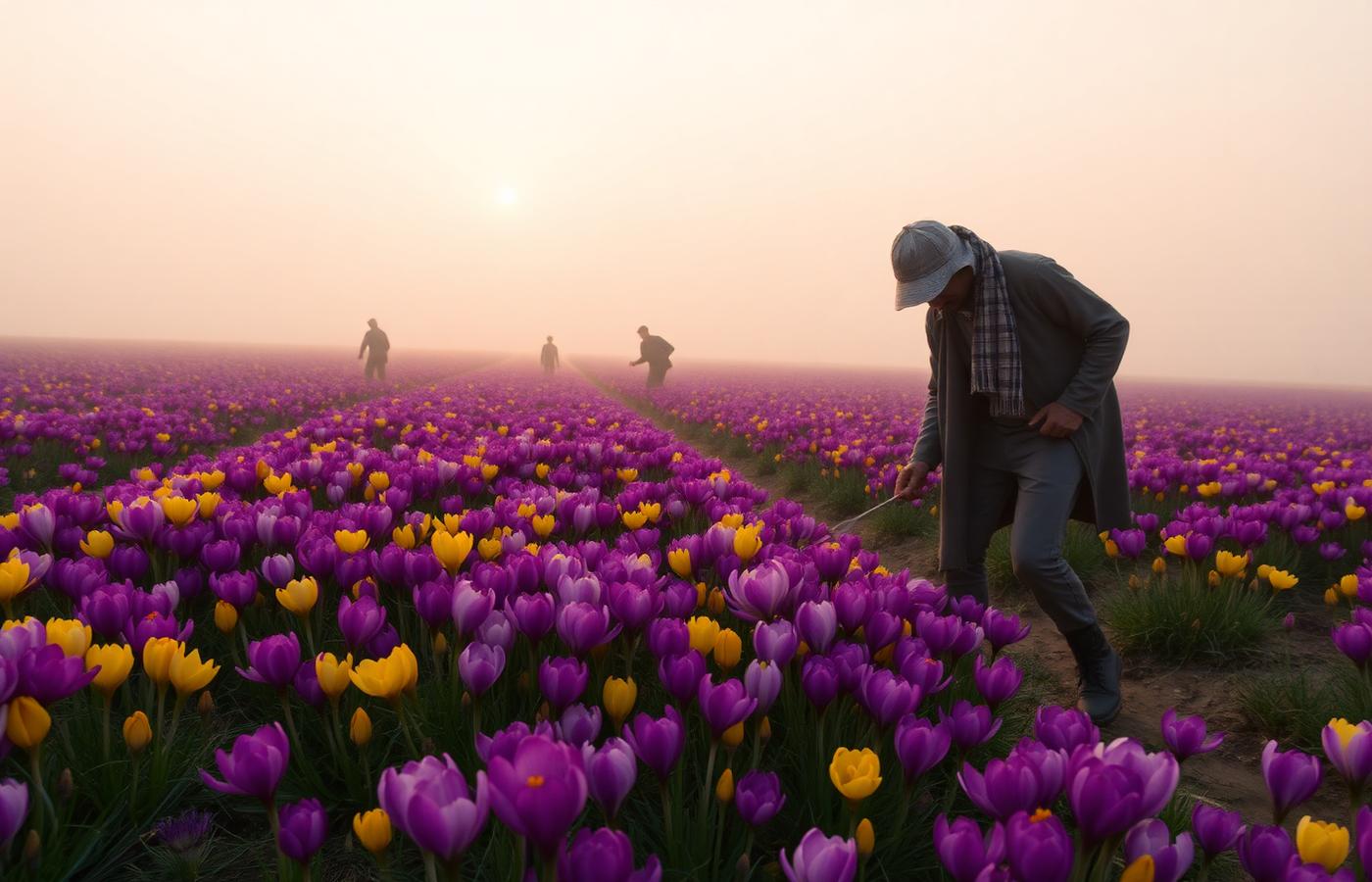 Farmers hand-picking crocus flowers at sunrise in Kashmir